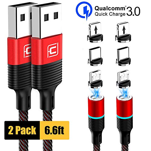 Product Cover Magnetic Charging Cable, CAFELE 2 Pack/6.6ft 3 in 1 Magnetic Phone Charger Universal QC 3.0 Fast Charging Data Sync Nylon Braided USB Cord Magnet Phone Charger for iOS Micro USB Type C Devices - Red