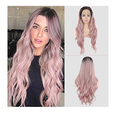 Product Cover Pink Ombre Lace Front Wig GLAMADOR Long Wavy Synthetic Wigs, Women Heat Resistant Middle Part Wigs, Curly Synthetic Natural Hairline Replacement Wigs for Women Cosplay Halloween- 24 Inch with Wig Cap