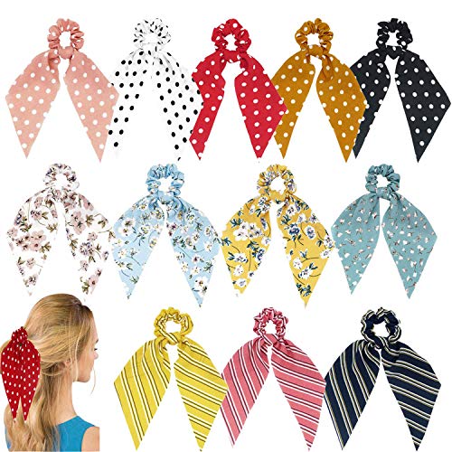 Product Cover Funlovin Hair Scarf Scrunchie 12pcs Hair Scarves Chiffon Scrunchies with Tails Dot Floral Hair Scarfs for Women Girls Long Hair Ribbon Ties Knotted Patterned Bow Cute Scrunchy Ponytail Holder Red Black Yellow