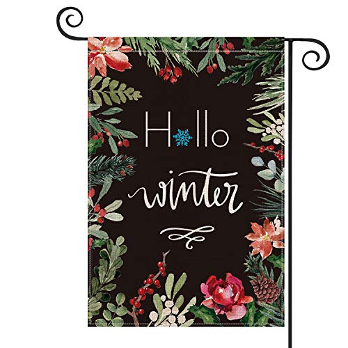 Product Cover AVOIN Hello Winter Garden Flag Vertical Double Sized Poinsettia, Christmas Flower Burlap Yard Outdoor Decoration 12.5 x 18 Inch