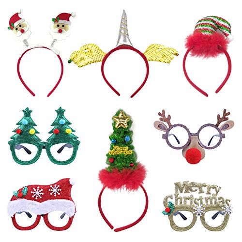 Product Cover 8 Pack Christmas Party Hats, Fancy Elf Reindeer Antlers Xmas Tree Bells Santa Hat Christmas Headbands Party Glasses Frames for Christmas Party Favors Gifts for Adults Kids