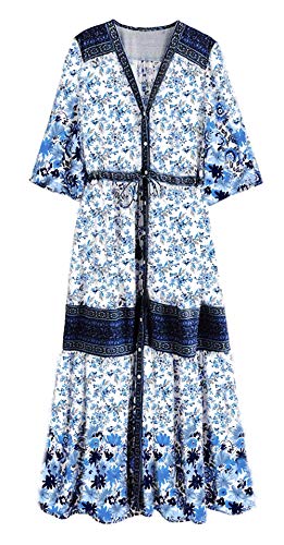 Product Cover R.Vivimos Women Summer Cotton V Neck Buttons Floral Print Drawstring Bohemian Maxi Dresses