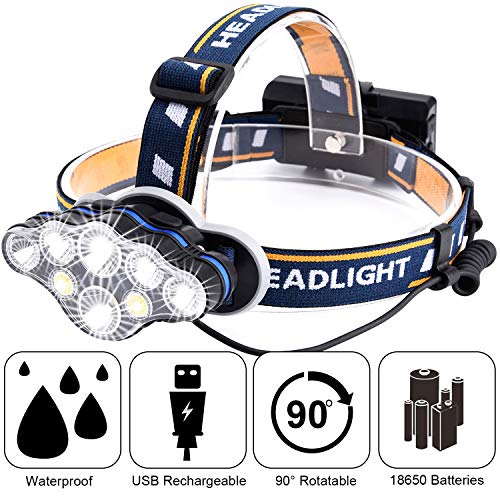 Product Cover Rechargeable Led Headlamp Waterproof,Tupwaid 18000 Lumen Brightest 8 LED USB Headlight Flashlight with Red Lights,Headlamps Extreme Bright with 8 Modes for Outdoor Camping Cycling Running Fishing