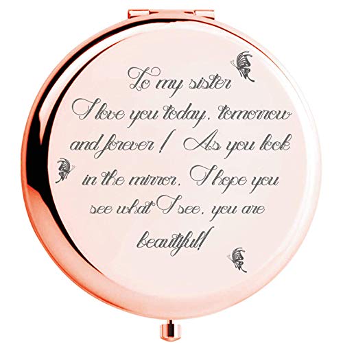 Product Cover Sister Gifts from Sister Brother, Sisters Birthday Gift Ideas, Rose Gold Compact Mirror with Treasured Message for Mother's Day, Birthday, Christmas, Graduation and Special Celebration