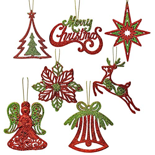 Product Cover BANBERRY DESIGNS Red and Green Glitter Ornaments - Set of 14 Glittered Christmas Ornaments - Bells, Stars, Angels, Poinsettias, Merry Christmas, Xmas Trees and Reindeer - Seasonal Decoration