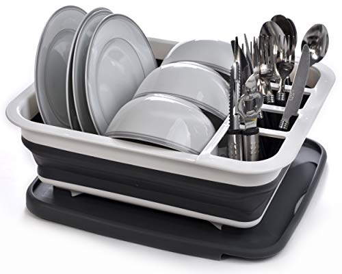 Product Cover Collapsible Dish Drying Rack - Popup and Collapse for Easy Storage, Drain Water Directly into the Sink, Room for Eight Large Plates, Sectional Cutlery and Utensil Compartment, Compact and Portable.