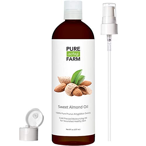 Product Cover Sweet Almond Oil for Skin and Hair by Pure Acres Farm. Cold Pressed, 100% Unrefined, Hexane Free. Therapeutic Massage Carrier Oil for Face, Body (8oz)