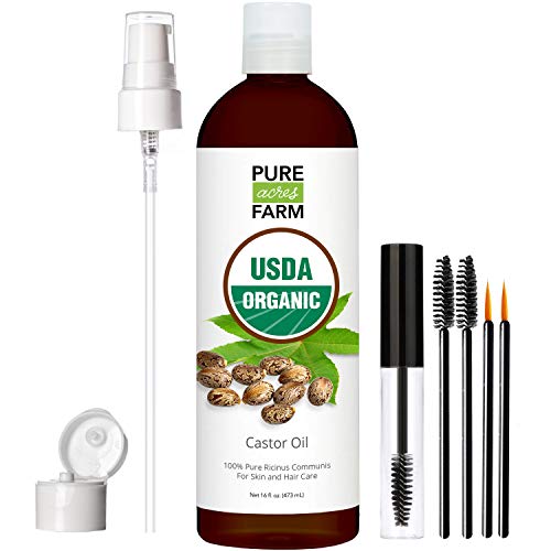 Product Cover Castor Oil - USDA Certified Organic - 100% Pure, Cold-Pressed, Extra-Virgin, Hexane-Free. Best Serum for Eyelash, Hair, Eyebrows & Skin - Boost Growth Naturally - with Applicator Brush Kit (16oz)