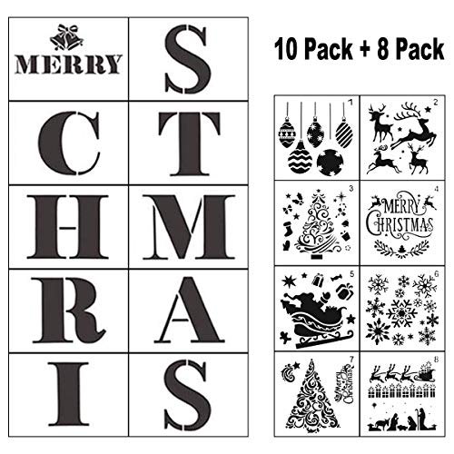 Product Cover Christmas Stencils for Painting on Wood - 18 Pack Merry Christmas Sign Stencil Templates with Letters and Patterns, Reusable Plastic Stencils for Wood Burning & Wall Art