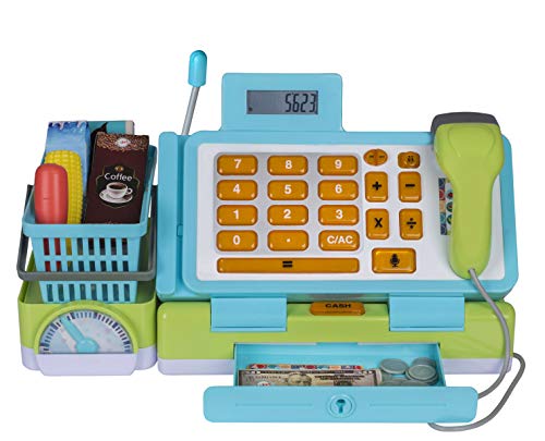 Product Cover Playkidiz Interactive Toy Cash Register for Kids - Sounds & Early Learning Play Includes Play Money Handheld Real Scanner Working Scale & Calculator, Live Microphone Food Boxes Plastic Fruit & Basket
