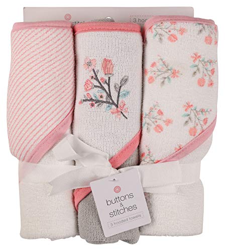 Product Cover Buttons and Stitches Baby Girls 3 Pack Infant Hooded Towel, Floral Bouqet Prints
