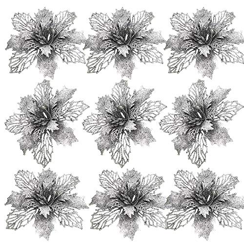 Product Cover Grunyia 20PCS Glitter Poinsettia Christmas Tree Ornaments Artificial Flowers for Christmas Decorations (Silver)