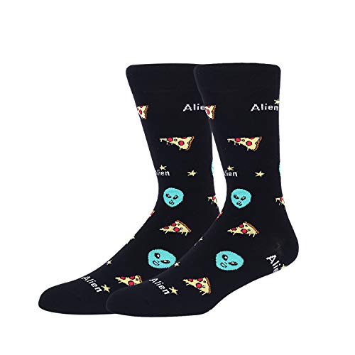 Product Cover Mens Space Novelty Crew Socks Alien Pizza Funny Casual Crazy Socks