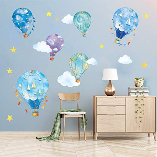 Product Cover decalmile Nautical Hot Air Balloons Wall Decals Stars Cloud Star Wall Stickers Baby Nursery Kids Bedroom Wall Decor