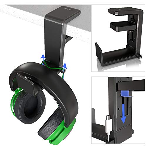 Product Cover GoZheec PC Gaming Headphone Stand Holder, Under Desk Headset Headphone Hanger with Portable Spring Loaded Clamp and Adjustable 360 Rotating Arm, Built-in Double Cable Clip Organizers, Universal Fit