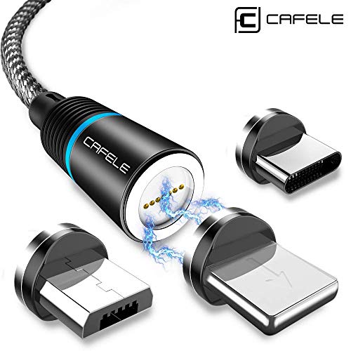 Product Cover Magnetic Charging Cable 6.6ft, CAFELE QC3.0 Fast Charging Nylon Braided Cord with LED Light, Support Data Trasfer 3 in 1 Universal Magnet Phone Charger Compatible with Micro USB Type C devices - Black