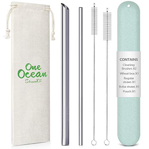Product Cover Reusable Metal Stainless Steel Straws: Regular Metal Straws + Metal Boba Straws + Wheat Cases +2 Cleaning Brushes + 1 Pouch, for Hot and Cold Drinks, Portable for Personal Use, 8.5 inche (Green Case)