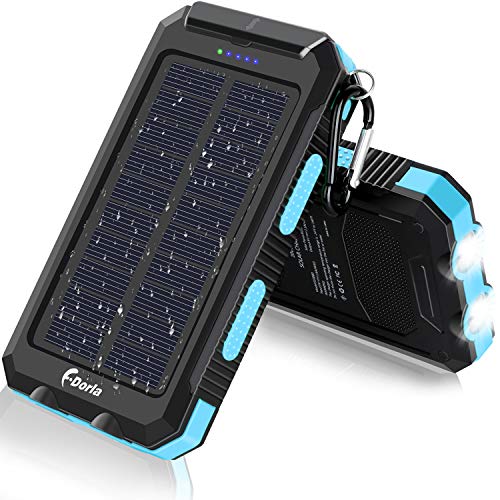 Product Cover Solar Charger, F.Dorla 20000mAh Portable Outdoor Waterproof Solar Power Bank, Camping External Backup Battery Pack Dual 5V USB Ports Output, 2 Led Light Flashlight with Compass (Blue)