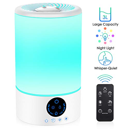 Product Cover Cool Mist Humidifier, Quiet Humidifiers for Bedroom Babies, 3L Large Humidifier w/ Remote Control, 7 Colors Night Light Adjustable Brightness & Mist Output, Timer, Auto Shut-Off for Office Home, White