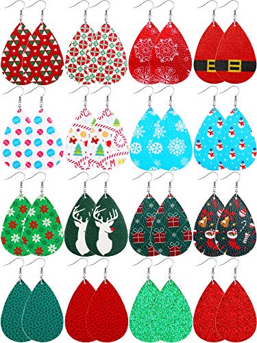Product Cover 16 Pairs Christmas Faux Leather Earrings Print Leather Earrings Teardrop Dangle Earrings (Christmas Simple Style)