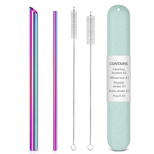 Product Cover Reusable Metal Stainless Steel Straws: Regular Metal Straws + Metal Boba Straws + Wheat Cases + 2 Cleaning Brushes + 1 Pouch, for Hot and Cold Drinks, Portable for Personal Use, 8.5 inche, Rainbow