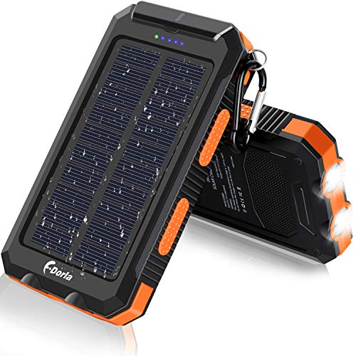 Product Cover Solar Charger, F.Dorla 20000mAh Portable Outdoor Waterproof Solar Power Bank, Camping External Backup Battery Pack Dual 5V USB Ports Output, 2 Led Light Flashlight with Compass (Orange)