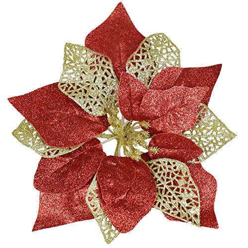 Product Cover YOSICHY Glitter Christmas Poinsettia Flowers Artificial Christmas Tree Ornaments Decorations with Stems Pack of 12(Red&Gold)