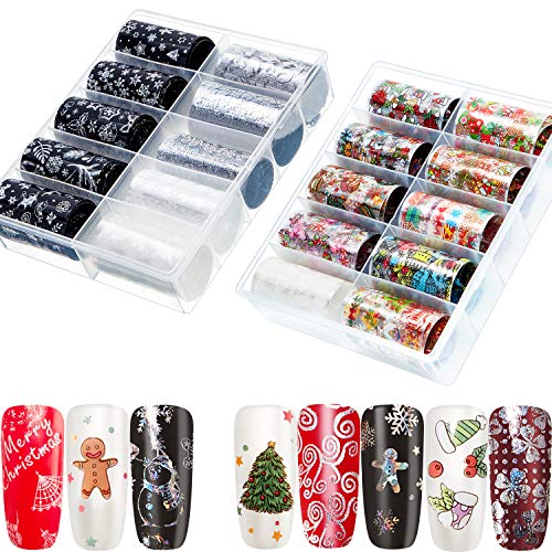 Product Cover 20 Rolls Christmas Nail Foil Transfer Stickers Holographic Laser Nail Art Foil Stickers Xmas Nail Stickers Decals for Women Nail DIY, 47.21.6 inches