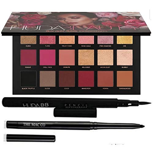 Product Cover Huda bb combo rose gold eyeshadow palette remastered (18 Shades) with sketch eyeliner and kajal