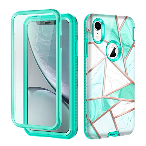 Product Cover Hekodonk Compatible iPhone XR Case Built in Screen Protector Heavy Duty High Impact Hard PC TPU Bumper Full Body Protective Shockproof Anti-Scratch Cover for Apple iPhone XR 6.1 Inch 2018-Marble Mint