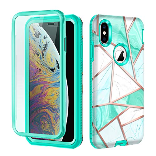 Product Cover Hekodonk Compatible iPhone Xs Max Case Built in Screen Protector Heavy Duty High Impact Hard PC TPU Bumper Full Body Protective Shockproof Anti-Scratch Cover for Apple iPhone Xs/10s Max-Marble Mint