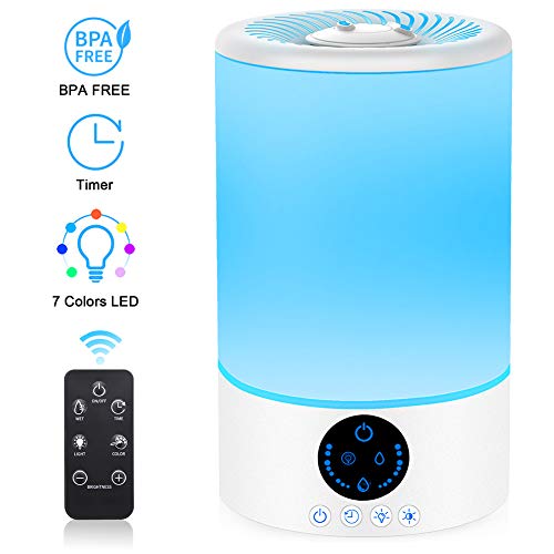 Product Cover Cool Mist Humidifier, 3L Top Fill Ultrasonic Humidifier for Bedroom with 7 Colors Night Light and Remote Control, Adjustable Mist Levels, Optional Timer, 6 Dimmer, Super Quiet Operation (White)