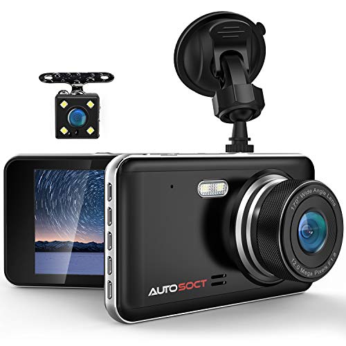 Product Cover AUTOSOCT Dual Dash Cam 4.0 Inch LCD Screen 1080P FHD Front and Rear Camera, Car Driving Recorder with IR Sensor Night Vision, Motion Detection, G-Sensor, 170°Wide Angle and Parking Monitor