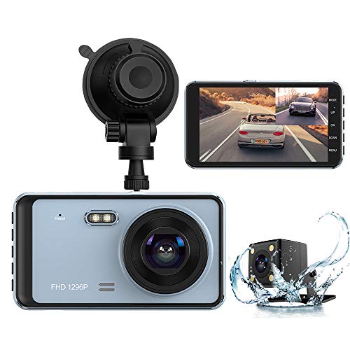 Product Cover Dual Dash Cam, DashCam Front and Rear View Camera 1296P FHD 4 inch IPS Touch Screen 170° Wide Angle Dash Camera for Cars with Night Vision