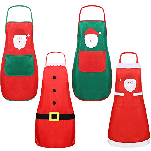 Product Cover Boao 4 Pieces Christmas Adult Aprons Kitchen Cooking Apron Women Santa Aprons for Xmas Supplies