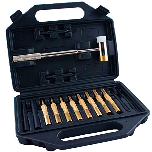 Product Cover Pin Punch Set with Hammer, Punches are Brass, Steel and Plastic, the Hammer is Brass/Polymer comes with a Carry Case, Gunsmithing Maintenance set