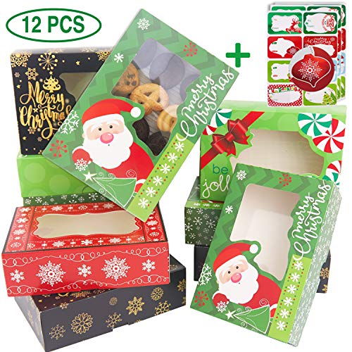 Product Cover 12 Christmas Cookie Boxes -Large Holiday Bakery Food Container for Gift Giving with 80 Count Christmas Foil Gift Stickers