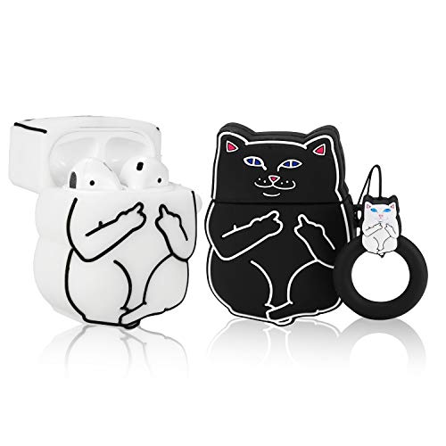 Product Cover Lupct (Black & White Cool Cat) Case for Airpods 1/2 Cute Soft Silicone, Cartoon 3D Fun Animal Pattern Cover for Girls Kids Teens Character Design Airpod Funny Cases for Air pods (2 Pack)