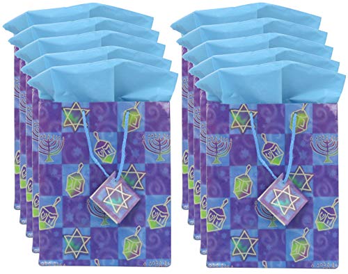 Product Cover Iconikal Hanukkah Gift Bag Set, 10 Medium Bags, 10 Sheets of Tissue Paper