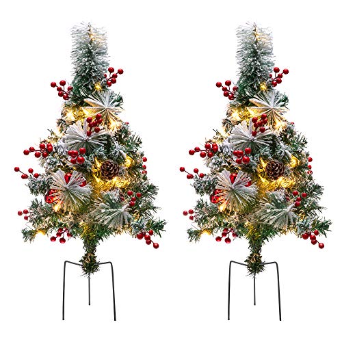 Product Cover Best Choice Products Set of 2 24.5in Outdoor Pre-Lit Snow Flocked Artificial Pathway Christmas Trees w/ 70 Tips, LED Lights, Red Berries, Frosted Pine Cones, Red Ornaments