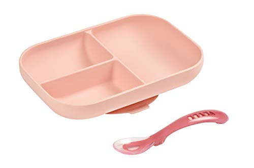 Product Cover BEABA Silicone Suction Divided Plate Set - Easy to Clean - Dishwasher and Microwave Safe - Soft, Unbreakable, Non-Slip Suction Bottom - Includes Plate and Silicone Spoon, Blush