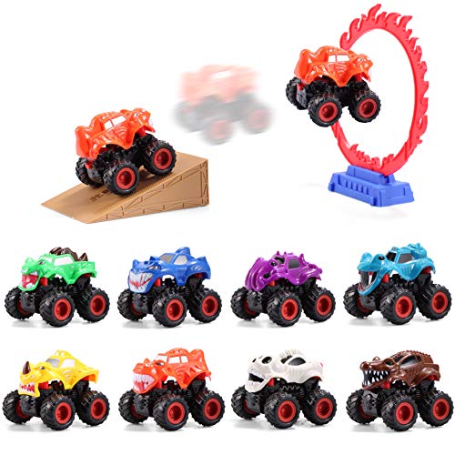 Product Cover JOYIN 8 Pack Push-and-Go Monster Friction Powered Truck Toy Big Wheels with Stunt Park Car Playset