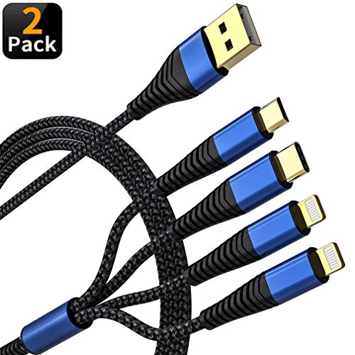 Product Cover [Upgraded] Multi Charging Cable 2Pack 4ft Nylon Braided Universal 4 in 1 Multiple Ports Devices USB Charger Cord with Gold-Plated iOS x2/Type C/Micro USB Connectors for Phones Tablets (Charging Only)