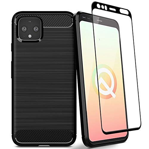 Product Cover Leeyan Pixel 4 Case, Soft Lightweight Texture Carbon Fiber with Full Cover Tempered Glass Screen Protector, Thin Flexible Anti- Scratch Protective Case for Google Pixel 4 (Black)