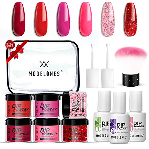 Product Cover Dip Powder Nail Kit 6 Colors Red Glitter Dipping Powder System Starter Kit Acrylic Dipping System for French Nail Manicure Nail Art Set Essential Kit,Portable Kit for Travel
