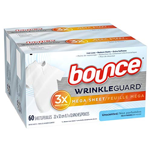 Product Cover Bounce WrinkleGuard Mega Dryer Sheets, Fabric Softener and Wrinkle Releaser Sheets, Unscented, 120 Count (Pack of 2, 60 Count Each)