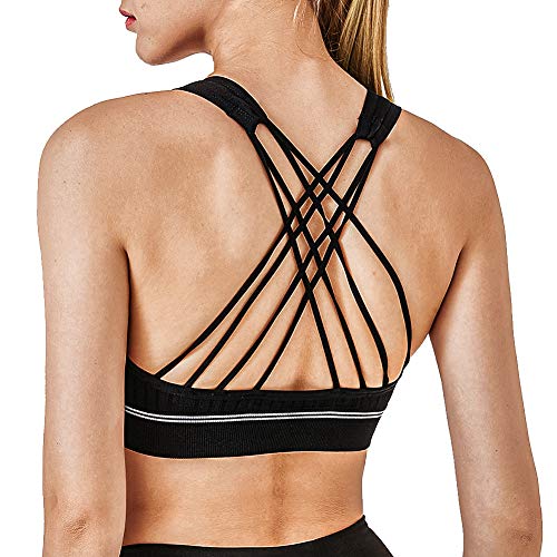 Product Cover OuNee Sports Bra for Women -Strappy Wireless Padded Yoga Gym Workout Tops Black