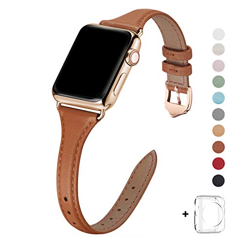 Product Cover WFEAGL Leather Bands Compatible with Apple Watch 38mm 40mm 42mm 44mm, Top Grain Leather Band Slim & Thin Replacement Wristband for iWatch Series 5/4/3/2/1 (Brown Band+Gold Adapter, 42mm 44mm)