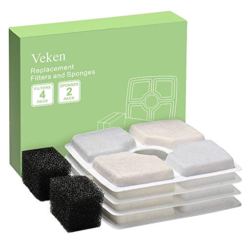 Product Cover Veken 4 Pack Replacement Filters & 2 Pack Replacement Pre-Filter Sponges for Automatic Pet Fountain Cat Water Fountain Dog Water Dispenser