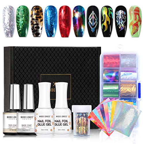 Product Cover Modelones Nail Art Foil Glue Gel with Starry Sky Star Foil Stickers Set Nail Transfer Tips Manicure Art DIY 15ML, 10PCS Flame Nail Stickers, holographic,Gift Base&Top Coat,UV LED Lamp Required.